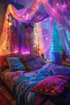 a bed covered in lots of colorful lights