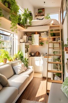 This 240-square-foot Lush Loft tiny home blooms with greenery, revealing a bedroom area, kitchen, and lounge infused with life. The kitchen showcases white cabinets and a herb garden wall, while the lounge area boasts a plush green sofa bed, a rustic wooden coffee table, and more potted plants. A wooden ladder guides you to the cozy, loft-style bedroom, bedecked with botanical prints. Tiny Loft, Tiny House Furniture, Tiny House Bedroom, House Bedroom, Modern Tiny House