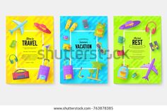 three travel banners with different items on the theme of vacation and summer holidays in paper cut style