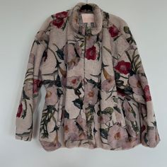 Adorable Hitch Brand Faux Fur Jacket From Anthropologie. Very Soft. So Cute. Floral Pattern On Slightly Pink/ Greige Background. Zip Front. Never Worn. Pink Floral Print Outerwear For Fall, Winter Pink Outerwear With Floral Print, Greige Background, Luxury Chic Floral Print Outerwear, Winter Floral Print Pink Outerwear, Winter Pink Floral Print Outerwear, Luxury White Floral Print Outerwear, Floral Print Winter Outerwear Button-up, Winter Hooded Floral Print Outerwear