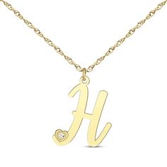 Let your love shine with this eye-catching initial necklace. The letter of your choice is touched with a round-cut diamond accent in a petite heart-shaped frame. Crafted in 14K yellow gold, the pendant suspends along an 18-inch rope chain that secures with a spring ring clasp and is adjustable from 16 to 18 inches. Yellow Gold Diamond Initial Pendant Necklace, 14k Gold Diamond Necklace With Initial Pendant, Yellow Gold Diamond Initial Pendant Necklace For Anniversary, Yellow Gold Diamond Necklace With Initial Pendant For Anniversary, Yellow Gold Diamond Necklace With Initials For Anniversary, Anniversary Yellow Gold Monogram Initial Necklace, Anniversary Yellow Gold Diamond Necklace With Initials, Personalized 14k Gold Diamond Initial Pendant Necklace, Yellow Gold Initial Pendant Charm Necklace With Diamond Accents