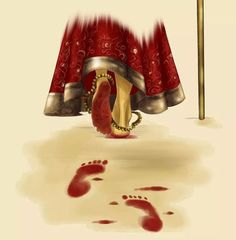 the foot prints are on the ground next to a red curtain and a gold pole