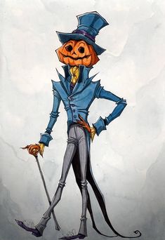 a drawing of a man in a suit and top hat holding two canes, with a pumpkin on his head