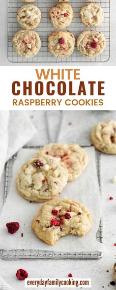 white chocolate raspberry cookies on a cooling rack with text overlay that reads, white chocolate raspberry cookies