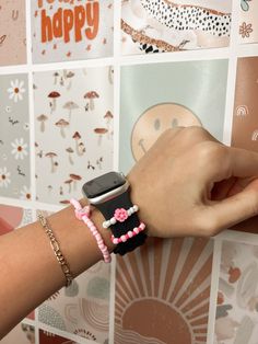 Pink Hawaiian Flower Beaded Watch Charm Set/Apple Watch halo Charms/Trendy Watch accessories/Smiley face charms/Watch Stackers/Gifts for her Stackable Apple Watch Halo Rings, Apple Watch Band 38mm/40mm, Apple Watch Charm, Apple Watch Series 1-6 band, Apple Watch Accessories When you put the watch charms on your watch, I recommend sliding them up and not stretching them onto your watch. They're made with stretchy string. If you need a slightly larger or smaller size, please message me. Trendy Adjustable Watch Accessories For Gift, Handmade Adjustable Pink Watch Bands, Trendy Adjustable Beaded Apple Watch Band, Trendy Adjustable Watch Band For Everyday, Trendy Beaded Apple Watch Band As Fashion Accessory, Trendy Handmade Watch Bands For Gift, Trendy Beaded Apple Watch Band, Trendy Handmade Watch Bands As Gift, Trendy Handmade Adjustable Watch Band