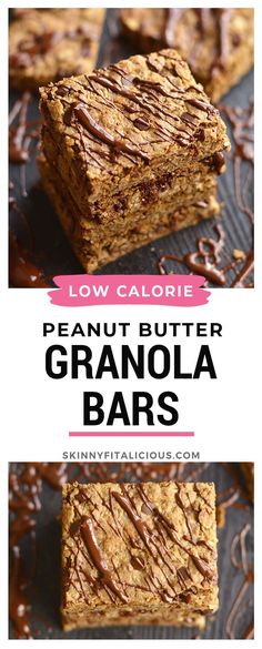 peanut butter granola bars with chocolate drizzled on top and the words low calorie