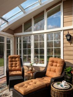 a sun room with two chairs and a table