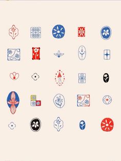 an image of various symbols on a white background with red and blue colors in the middle