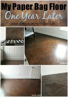 a collage of photos showing how to use paper bag flooring in a room