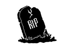 a black and white silhouette of a tombstone with the word rip on it's face