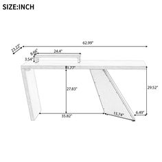 the side view of a white table with measurements for each section and an additional shelf