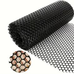 a roll of black mesh with circles on it and an image of a round object next to it