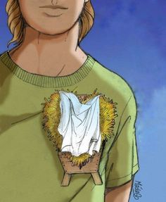 a drawing of a man with long hair wearing a green shirt and holding a white cloth