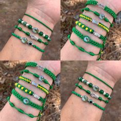 four pictures of green and yellow bracelets on someone's arm with beads in the middle