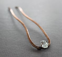 "This simple hair fork hand forged with 12 gauge solid copper wire, hammered with texture for more strength and character, accented with top quality herkimer diamond stone and then tumbled, oxidized and hand polished antique finish. The shown pin is 4 1/2\"(11.5cm) long in total. NOTE: You may need to use some additional bobby pins for you bun for better hold and add the hair pin as a decorative jewel to your hair. ATTENTION - ORDERS TO US AND INTERNATIONAL: All orders ship from Toronto, Ontario Metal Hair Pin, Copper Hair Pins Diy, Hair Pin Silversmith Instructions, Copper Wire Hair Accessories, Forged Hair Pin, Blacksmith Hair Pin, Diy Braided Bracelet, Diamond Hair, Diy Braids