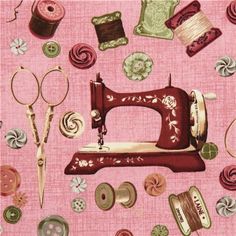 a pink background with various sewing supplies and buttons on it, including a sewing machine