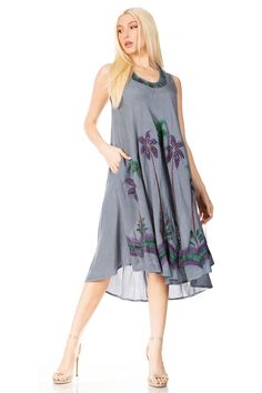 Sleeveless dress features embroidered neck detail and watercolor palm tree design, flared hem, relaxed fit and soft semi-sheer rayon fabric in beautiful colors. Sleeveless Cotton Vacation Dresses, Sleeveless Cotton Beach Dress For Vacation, Sleeveless Unlined Dress For Beach Cover-up, Flowy Casual Tropical Print Sundress, Casual Tropical Print Flowy Sundress, Casual Flowy Tropical Print Sundress, Casual Palm Tree Print Dresses For Summer, Casual Summer Dresses With Palm Tree Print, Flowy Casual Sundress With Tropical Print