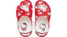 Hello Kitty® likes to collect new things. And now your little ones can too, with a Classic Clog printed with everyone’s favorite supercute friend. A printed, polka-dotted upper is complemented with fixed squishy Jibbitz™ charms. And the heel strap pivots for added stability and comfort for all their adventures.  Toddlers' Hello Kitty Red Classic Clog Details:    Incredibly light and fun to wear ��    Water-friendly and buoyant; weighs only ounces   Ventilation ports add breathability and help shed Hello Kitty Crocs, Bluey Toys, Kuromi Clothes, Hello Kitty Print, Toddler Crocs, Crocs Fashion, Girly Accessories, Clogs Shoes, New Things