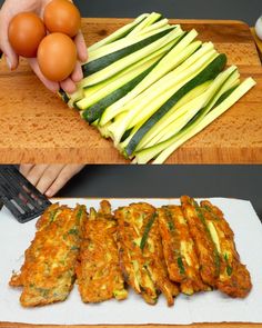 two pictures one with zucchini, the other with egg on it and someone cutting up some zucchini