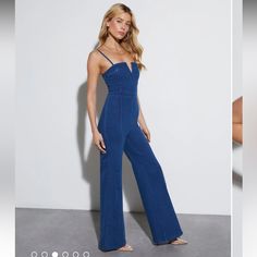 Fitted Waist Flare Pant Leg Notched Square Neckline Removable, Adjustable Straps Stretchy Fabrication Back Zipper Closure Lined Bust Only Self: 75% Cotton 28% Polyester 2% Spandex, Lining: 100% Cotton High Waist Denim Jumpsuit For Night Out, Fitted Wide Leg Denim Blue Jumpsuits And Rompers, Denim Blue Wide Leg Fitted Jumpsuits And Rompers, Denim Blue Fitted Wide Leg Jumpsuits And Rompers, Chic Fitted Straight Leg Overalls, Trendy Fitted Straight Leg Jumpsuits And Rompers, Trendy Fitted Straight Leg Jumpsuits, Denim Blue Jumpsuits And Rompers For Spring Night Out, High Rise Denim Jumpsuit For Summer Nights