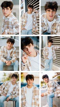 multiple photos of a young man in plaid shirt and jeans sitting on a bench with his hand on his chin