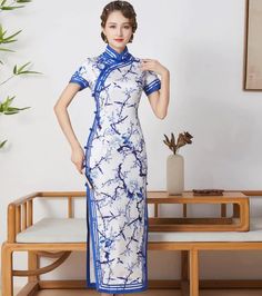 Blue and white Cheongsam, silk Qipao, blue and white Chinese dress – Beth and Brian Qipao White Cheongsam, Qipao Pattern, Red Qipao, Cheongsam Modern, Modern Qipao, Qipao Cheongsam, Qipao Dress, Cheongsam Dress, Chinese Dress