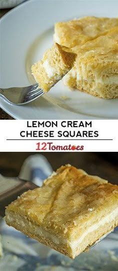 there are two pictures of lemon cream cheese squares on the same plate, and one has a fork in it