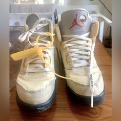 Used: See Pictures, Original Box Sz 3y Box Has Some Damage. Some Scuffs And Dirt Jordan 5 Retro Off-White Sail (Ps) Style Cv4827-100 Sail/Fire Red-Muslin-Black Release Date 10/29/2020 Included Accessories Yellow "Off-White" Ziptie, Red Shoe Laces, Black Shoelaces (Black Laces Are Used And Missing/Damaged Plastic Tip) Product Description The Air Jordan 5 Retro Off White Sail Ps, Made In Collaboration With Late Designer Virgil Abloh, Features An Upper With Semi Translucent Textile Finished In A Sail Colorway. The Tongue Of This Air Jordan 5 For Pree-Schoolers Sports A Reflective Silver Finish, With Cutouts On The Left Tongue Matched By The Mid-Foot And Collar. A Zip-Tie And Lines Of Helvetic Air Jordan 5 Muslin, Red And Black Shoes, Jordan 5 Retro, Nike Shoes Jordans, Black Shoe, Air Jordan 5 Retro, Air Jordan 5, Jordan 5, Virgil Abloh