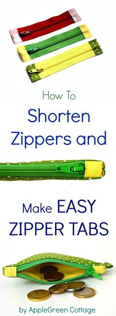 the book cover for how to shorten zippers and make easy zipper tabs