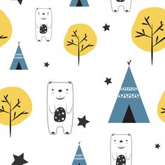 a pattern with polar bears, trees and stars in the sky on a white background