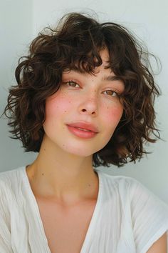 Short wavy curly hair with soft wispy bangs Wavy Curly Hair, Wavy Hair, Beautiful Hair, Bangs