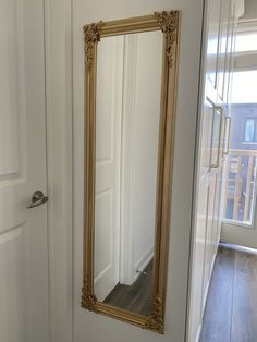 a large gold framed mirror sitting on top of a white door