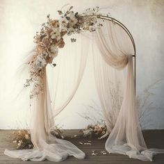 Ivory Wedding Arch, Tule Arch Wedding, Wedding Alter Background, Curved Wedding Arch Ideas, Elegant Arch Wedding, Champagne Wedding Arch, Whimsical Arch Wedding, Candle Wedding Arch, Aesthetic Wedding Arch