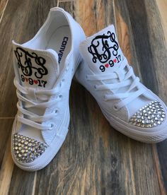 Make your day extra special with these beautiful Embroidered Monochrome Converse with your wedding date or monogram and date on the tongue. You can choose either all black or all white, they have NO lines around the sole as other converse do. Thread color is your choice ... hearts will be RED unless other color is specified. When placing your order: Please note thread color in notes section wedding date First name, Middle name and Last name so that I can get monogram correct. (Note: middle lette Custom White Lace-up Sneakers With Embroidered Logo, White Custom Lace-up Sneakers With Embroidered Logo, White Wedding Sneakers With Custom Embroidery, White Sneakers With Laces For Bridal Shower, Customizable Low-top Wedding Shoes For Anniversary, White Low-top Bridal Sneakers, White Low-top Wedding Shoes For Bride, White Low-top Wedding Shoes For Bridal Shower, Custom White Sneakers With Round Toe For Anniversary