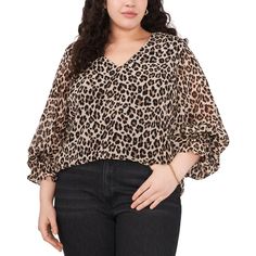 Plus Womens Leopard Print V-Neck Blouse1 Womens Printed Tops, Smocked Blouse, Long Sleeve Leotard, Heels Dress, Smock Blouse, Leopard Blouse, Tan Woman, Balloon Sleeve Blouse, Leopard Print Top