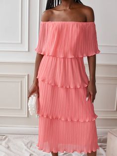 Natasha Pleated Off the Shoulder Coral Midi Evening Off-shoulder Chiffon Midi Dress, Chiffon Off-shoulder Midi Evening Dress, Chiffon Off-shoulder Midi Dress For Party, Off-shoulder Chiffon Midi Dress For Evening, Off-shoulder Chiffon Midi Dress For Parties, Elegant Off Shoulder Dress For Summer Wedding, Off-shoulder Pleated Cocktail Midi Dress, Off-shoulder Summer Maxi Dress For Wedding Guest, Summer Party Chiffon Off Shoulder Dress