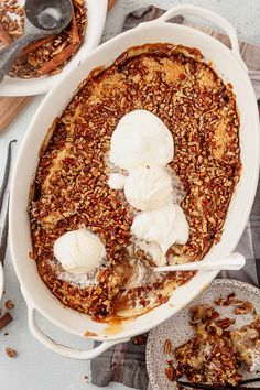 a dessert dish with ice cream and pecans