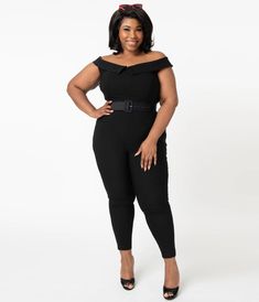 Unique Vintage Plus Size Black Off Shoulder Gillian Jumpsuit Vintage Plus Size, Wardrobe Wishlist, Ballerina Shoes Flats, Black Off Shoulder, Looks Black, Skirt And Blouse, Plus Size Jumpsuit, Gala Dresses, Wide Belt