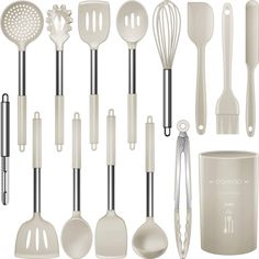 an assortment of kitchen utensils are shown