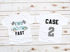 two t - shirts with cars printed on them, one is white and the other is blue