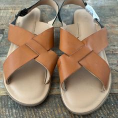 Brand New Loft Leather Upper Flat Sandal Size 10, Adjustable Ankle Strap, Crisscross Strap Casual Strappy Sandals Medium Width, Brown Strappy Synthetic Slingback Sandals, Casual Brown Slingback Sandals Medium Width, Casual Brown Strappy Slingback Sandals, Brown Synthetic Sandals With Cross Strap, Brown Cross Strap Sandals For Vacation, Brown Synthetic Cross Strap Sandals, Brown Cross Strap Slingback Sandals For Spring, Spring Brown Cross Strap Slingback Sandals