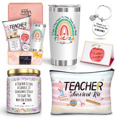 the teacher appreciation gift set includes personal care items, a travel mug, and a pencil case