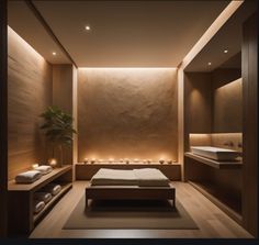 a spa room with a large bed and lights on the walls