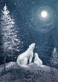 a painting of two polar bears sitting in the snow at night under a full moon