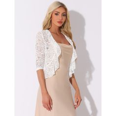 Women's lace cardigan ruffle hem 3/4 sleeve elegant shrug, beautifully designed lace bolero, elegant ruffle hem, and 3/4 sleeves make this a great outfit for any occasion. This lace bolero is perfect for the bride. Gorgeous! Perfect with your wedding dress. A favorite color in the fashion world, black complements any color, and looks gorgeous with this popular choice. Cropped Shrug, Lace Shrug, Lace Bolero, Bolero Shrug, Cardigan White, Shrug Cardigan, Lace Cardigan, Evening Wedding, Women's Jackets