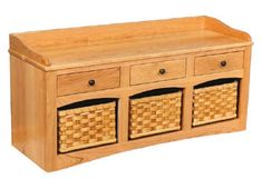 a wooden bench with three baskets on the bottom and one drawer open to show it's contents