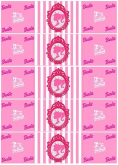 pink and white striped wallpaper with labels for barbie's palace in the center