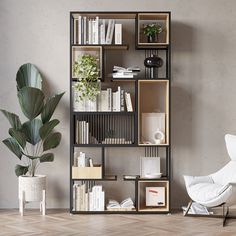 a room with a chair, bookshelf and potted plant on the floor