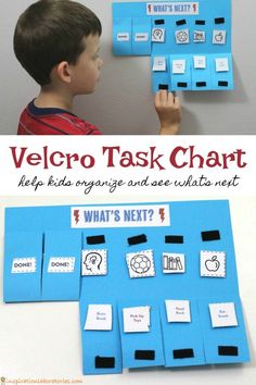 a boy is working on a velcro task chart with the words what's next?