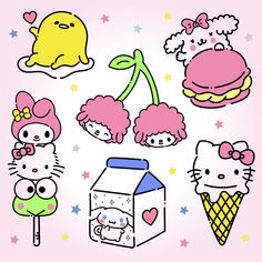 hello kitty stickers are on a pink background with stars and other things around them